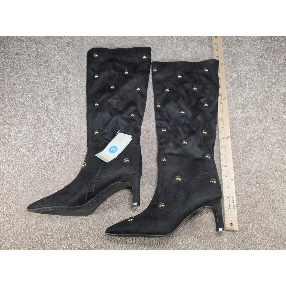 A New Day Justice Black Faux Suede Studded Pointed Toe Heel Boots 7.5 NEW